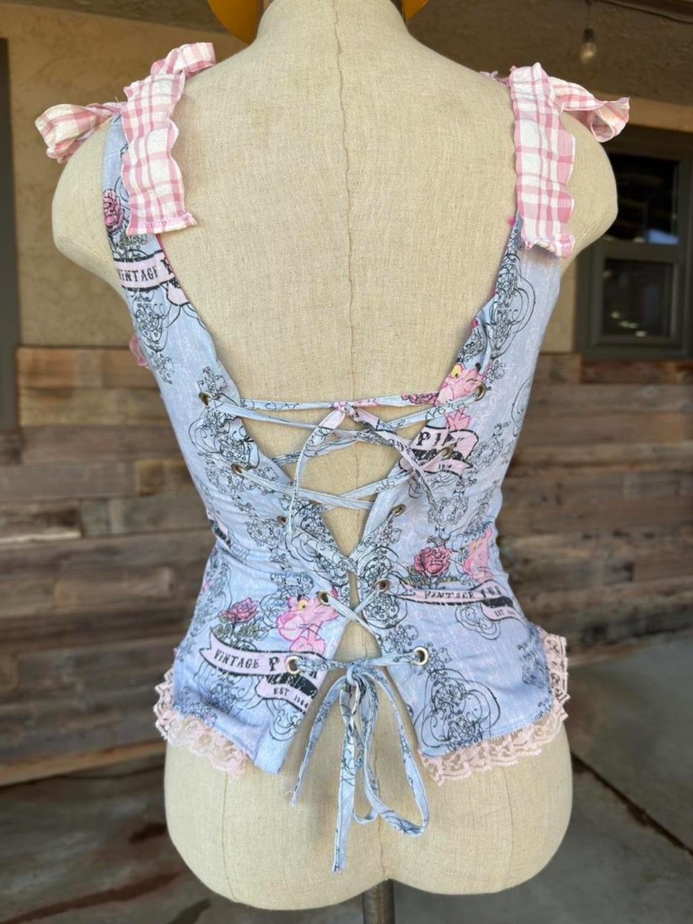 Handmade boned pink panther vintage corset top upcycled size xs-small